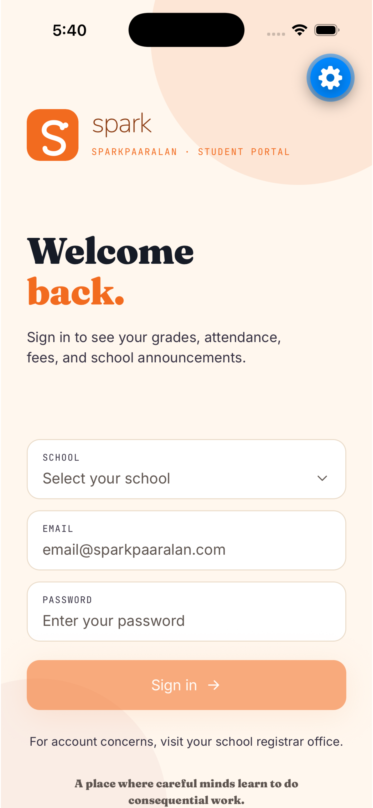 SPARK app sign-in screen