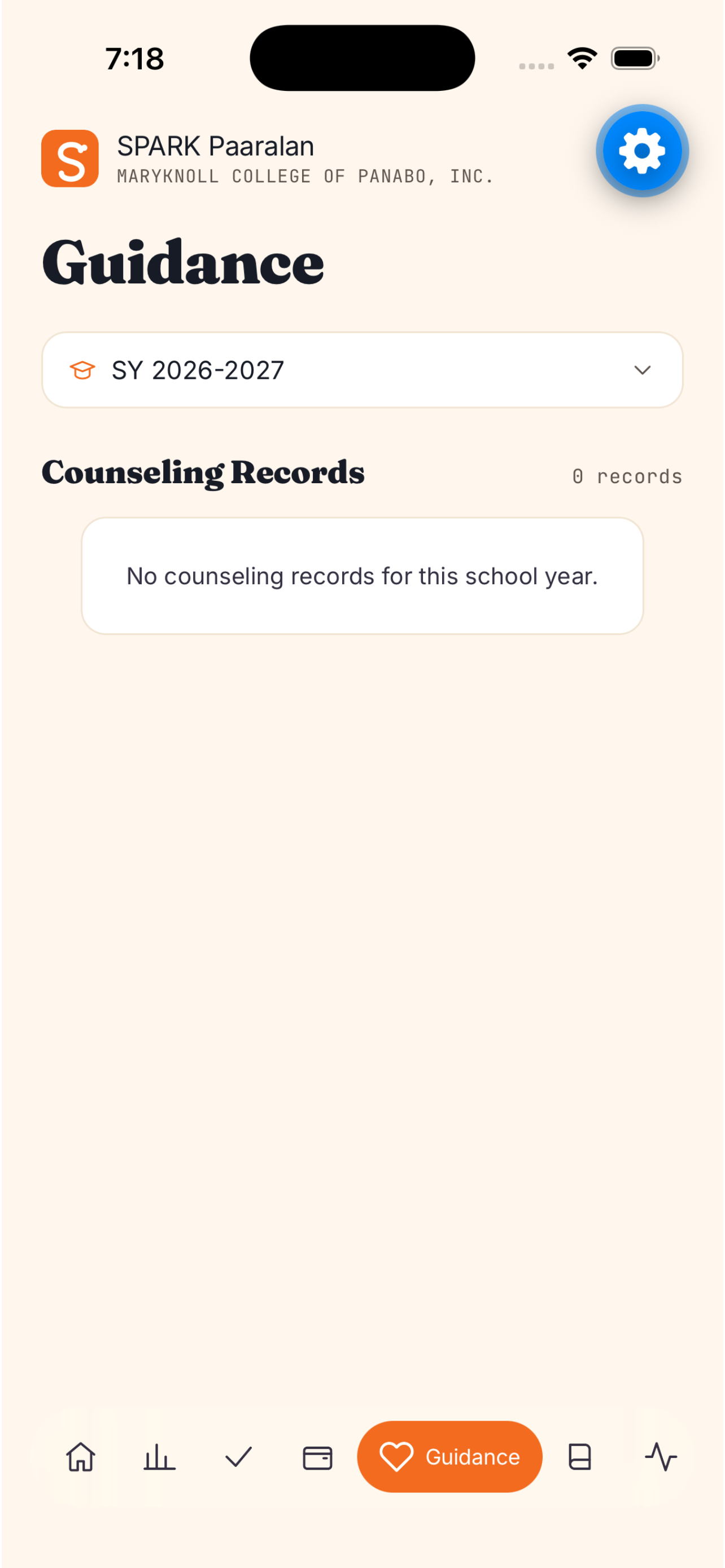 SPARK app guidance and counseling records screen