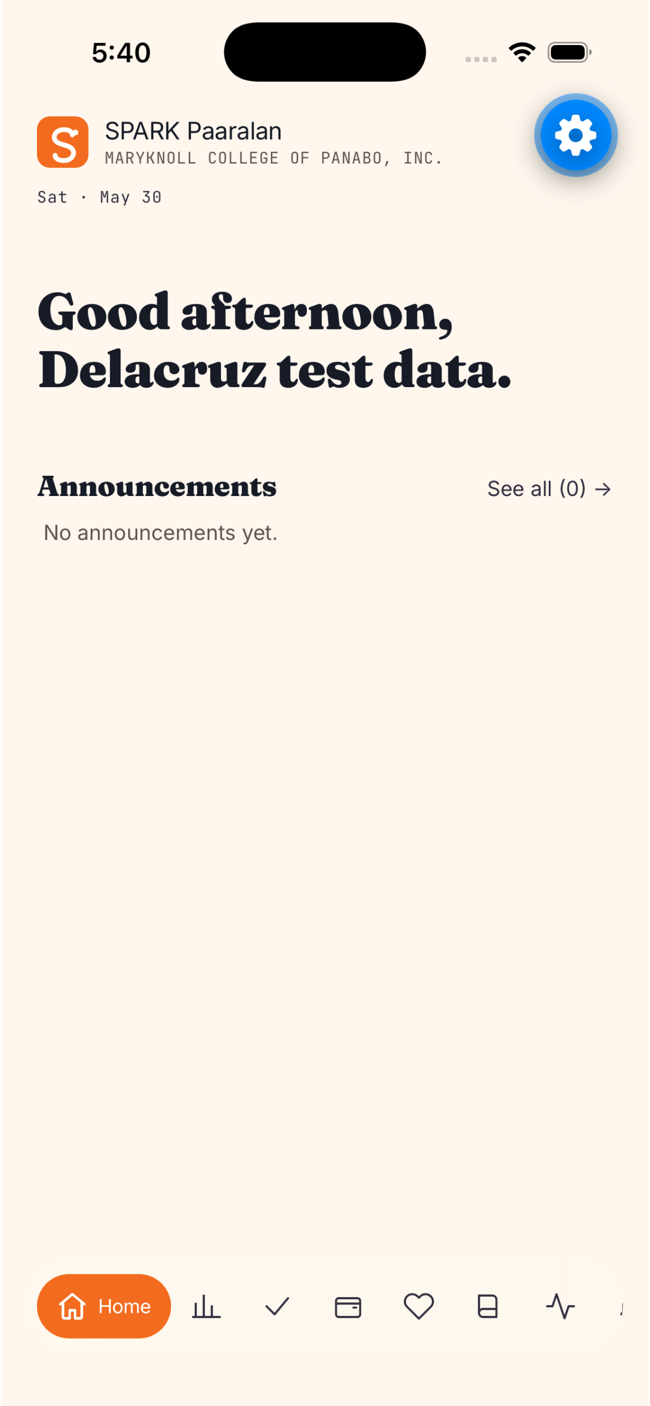 SPARK app home screen with announcements