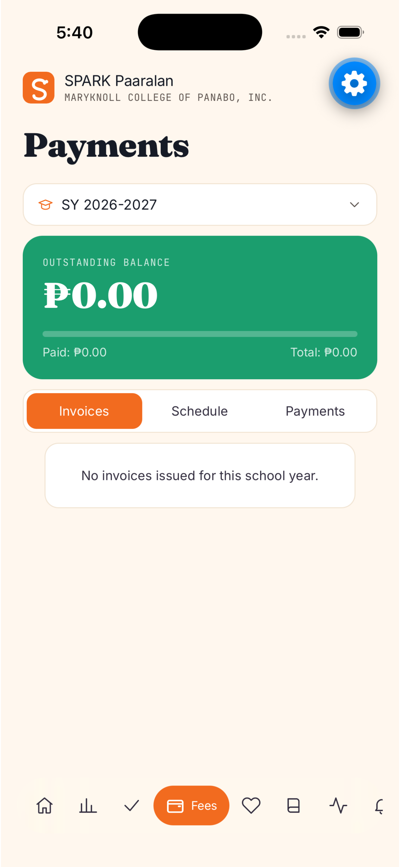 SPARK app fees and payments screen