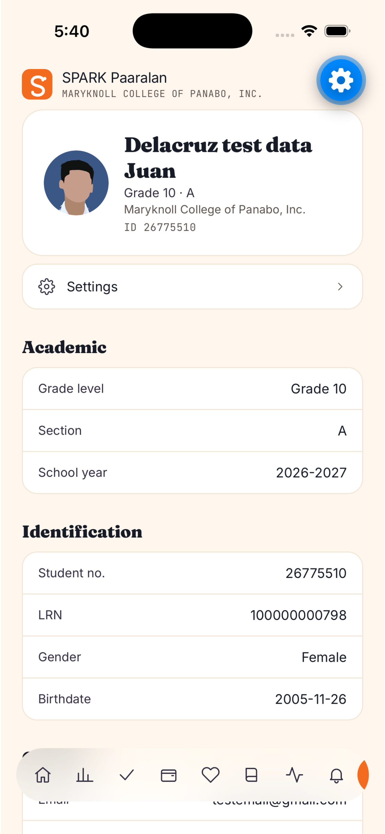 SPARK student app — profile screen showing academic details and identification